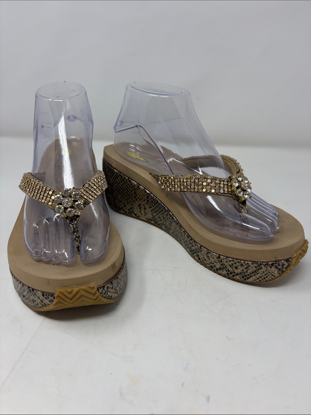 Volatile Beaded Wedge Thong Sandals in Beige with Snake-Print Platform Size 8